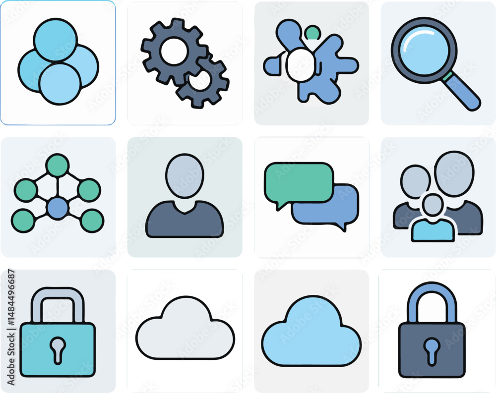 Poster social network icon set with communication cloud and web elements for business