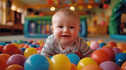 Fototapeta premium A delighted baby smiles widely while playing in a colorful ball pit, full of joy and laughter.