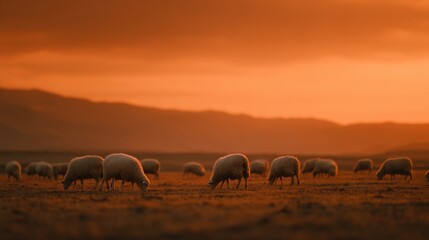 Fototapeta premium Flock of Sheep Grazing in Field at Sunset, Depicting Rural Life and Sustainable Agriculture With Warm Tone and Pastoral Harmony : Generative AI