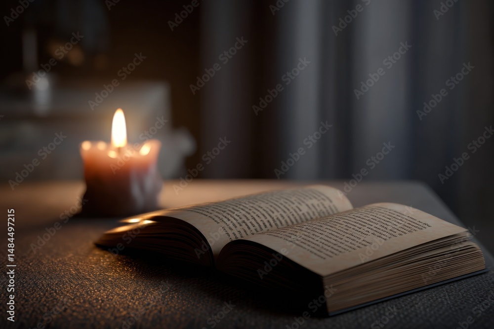 Poster open book lit by candlelight in a dark room, evoking a sense of mystery and solitude for relaxation 