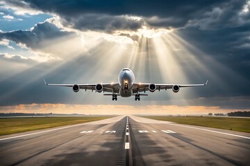 Naklejka premium Airplane is shown taking off from the runway while bathed in golden light