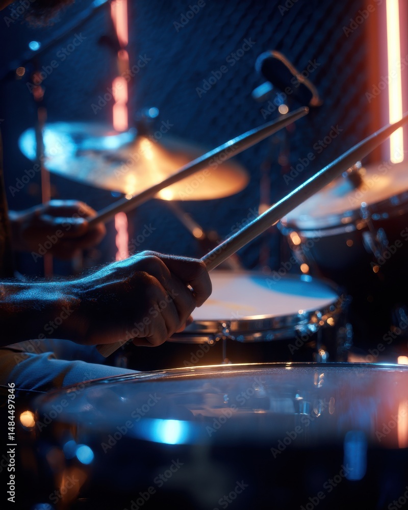 Poster close-up of drummer's hands playing drums under neon lights, representing music performance and crea