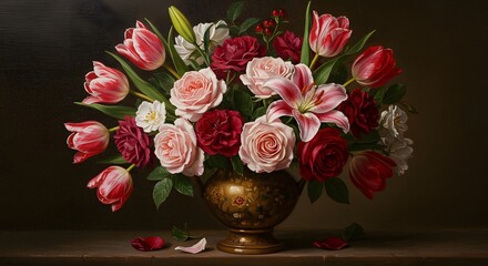 Obraz premium Elegant Still Life: Roses, Tulips, and Lily in Ornate Vase