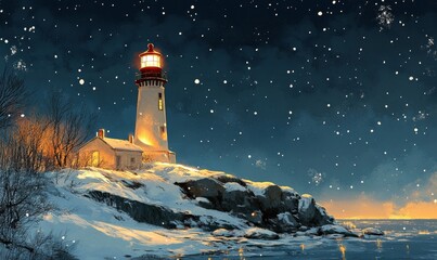 elegantly illustrated Christmas card featuring a glowing snowy lighthouse on a cliff, Generative AI