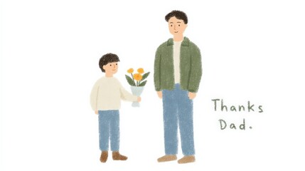 Fototapeta premium Father's Day: Tender moment of a child giving his father a bouquet of flowers. Expressing gratitude and love in a heart-warming illustration. 