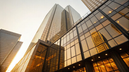 Modern central bank building with glass facade reflecting sunlight, symbolizing financial stability and economic power, banking and finance industry concept.