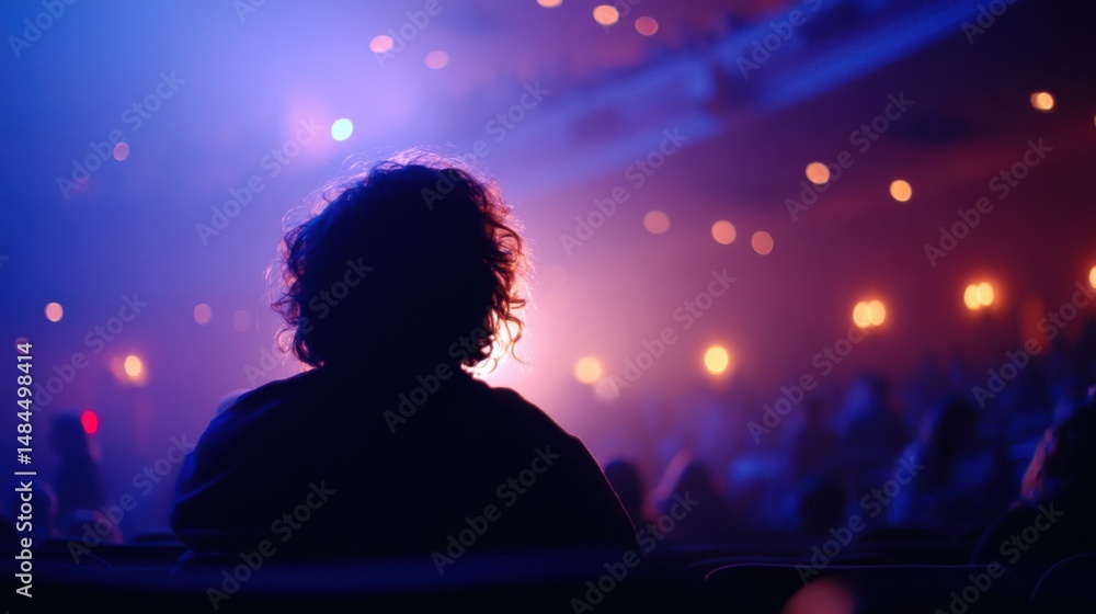 Poster Person from Behind in Audience Watching Performance with Atmospheric Stage Lighting and Bokeh Representing Entertainment and Event Experience : Generative AI