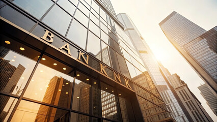 Obraz premium Modern central bank building with glass facade reflecting sunlight, symbolizing financial stability and economic power, banking and finance industry concept.
