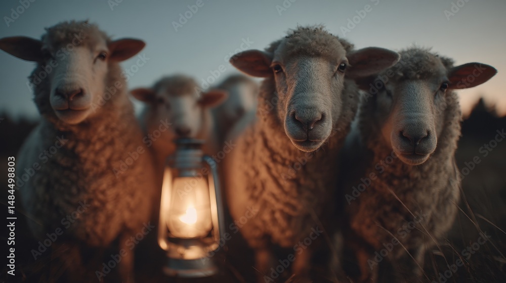 Aufkleber flock of sheep illuminated by lantern at dusk, symbolizing rural tranquility and sustainable farming