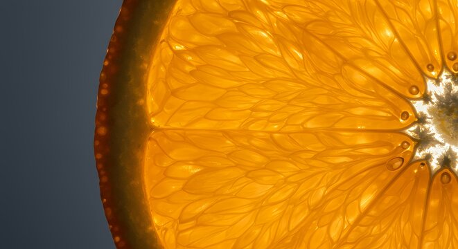 A Close-Up Macro Shot of an Orange Slice Backlit Revealing its Intricate Internal Structure and Vibrant Hues