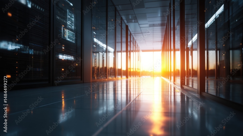 Fototapete Modern Data Center Hallway with Rows of Servers and Bright Sunset Light Through Windows, Representing Technology Innovation and Cloud Computing Security : Generative AI