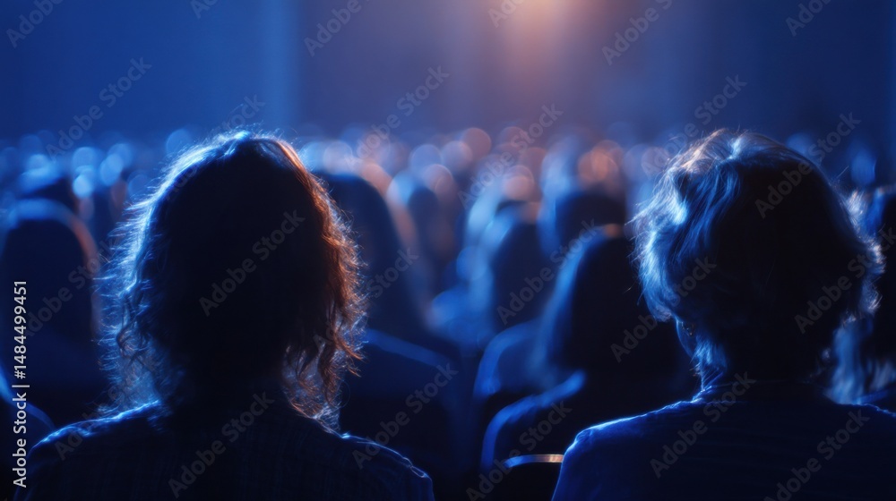 Poster audience silhouettes watching show in dark blue theater, representing entertainment and shared exper