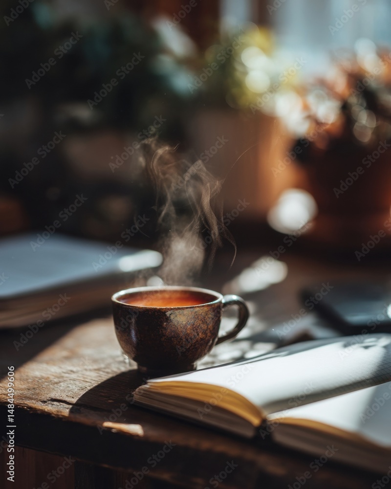 Poster steaming cup of tea beside open book on wooden table, representing relaxation and mindfulness practi