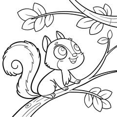 Obraz premium Cute Kawaii Squirrel is Standing on The Branch Tree. Cartoon Character Coloring Page Vector Illustration