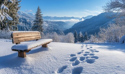 tranquil snowy hillside with footprints leading to a rustic wooden bench overlooking a valley, Generative AI