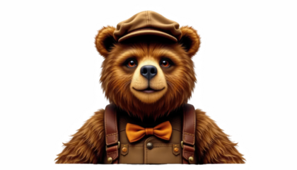 Classy bear wearing hat and bow tie, exuding charm and warmth. This adorable character is perfect for children illustrations or playful designs, bringing joy and friendliness to any project