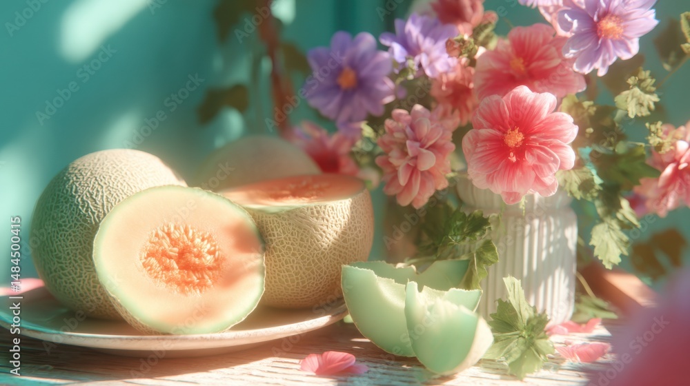 Poster vibrant cantaloupe melons and slices arranged on a plate and table with colorful flowers, capturing 