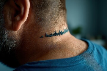 Fototapeta premium A man with a short beard has a small, black soundwave tattoo on the back of his neck, just above his blue t-shirt.