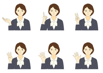 Clip art set of woman in blue jacket showing counting on her fingers