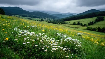 Blowing in the wind with dandelion under cloudy morning concept. A scenic view of a lush green field with colorful wildflowers.