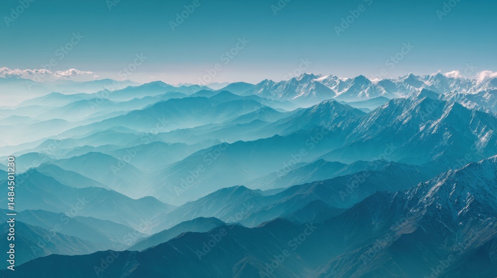 Fototapete layered mountain ranges receding into misty distance with snow capped peaks under clear sky, capturi
