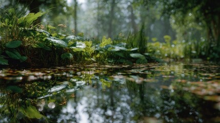 Lush Greenery Reflecting in Calm Pond Water, Evoking Natural Beauty and Tranquility for Environmental Awareness Campaigns and Serene Nature Getaways : Generative AI