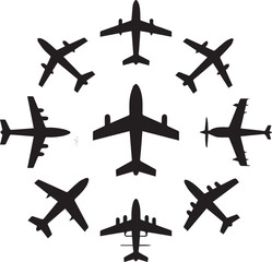 A vector set features airplane silhouettes for air travel and aviation design