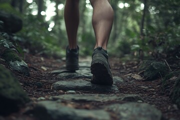 Hiking boots progressing along a stone path through a lush green forest environment