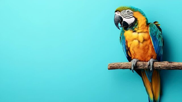 Colorful parrot perched on branch against bright backdrop.