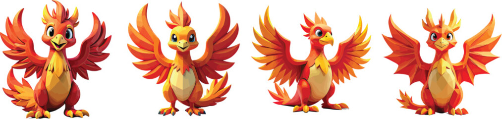 Fototapeta premium Set of 4 Cartoon Phoenix Bird Characters Vector Illustration