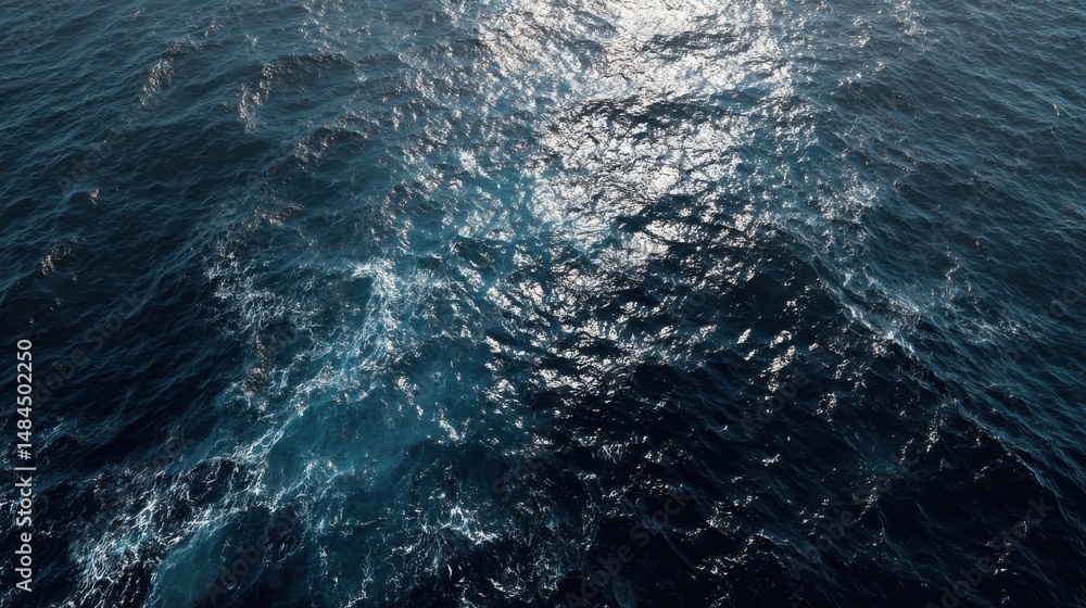 Poster aerial view of dark blue ocean water with whitecaps and sunlight reflecting on the surface, represen