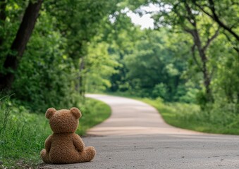 Lonely teddy bear sits on a path, gazing down a curving road into a lush green forest