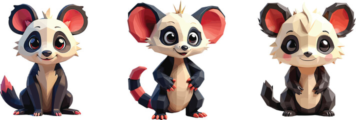 Fototapeta premium Set of 3 Cute Cartoon Opossum Characters Vector Illustration