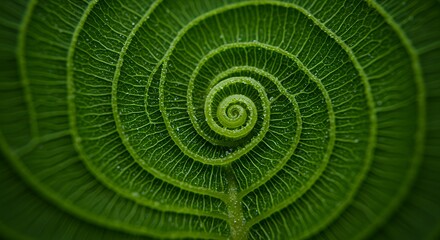 Magnificent Spiral of Nature: A Close-Up of a  Leaf's Intricate Design Revealing the Beauty of Botanical Patterns
