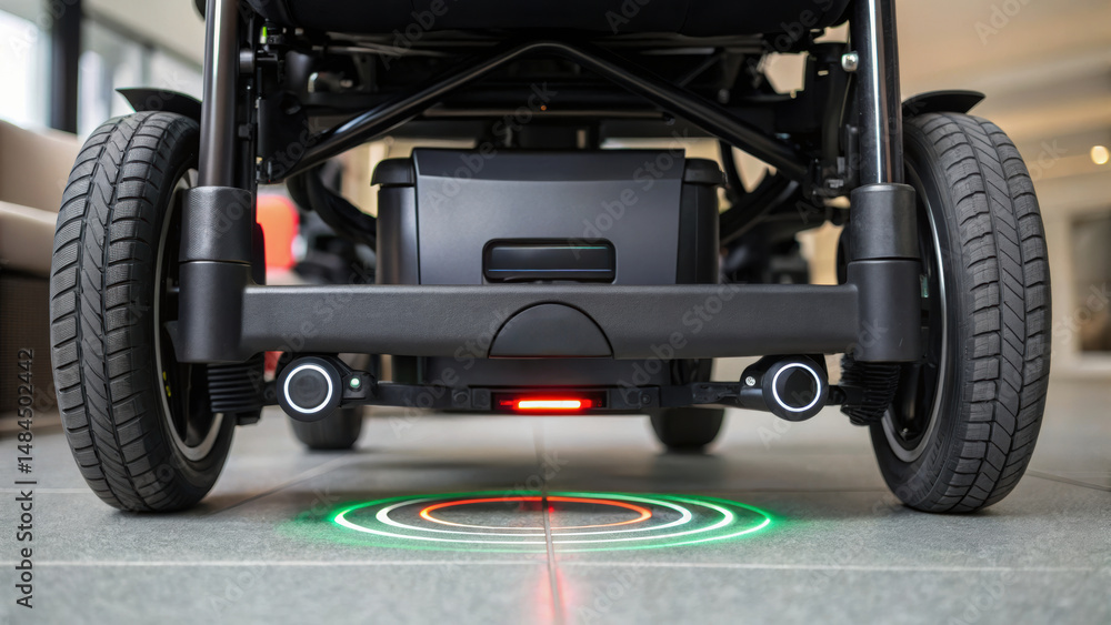 Poster futuristic wheelchair technology with advanced sensors and wheels designed for smooth indoor navigat