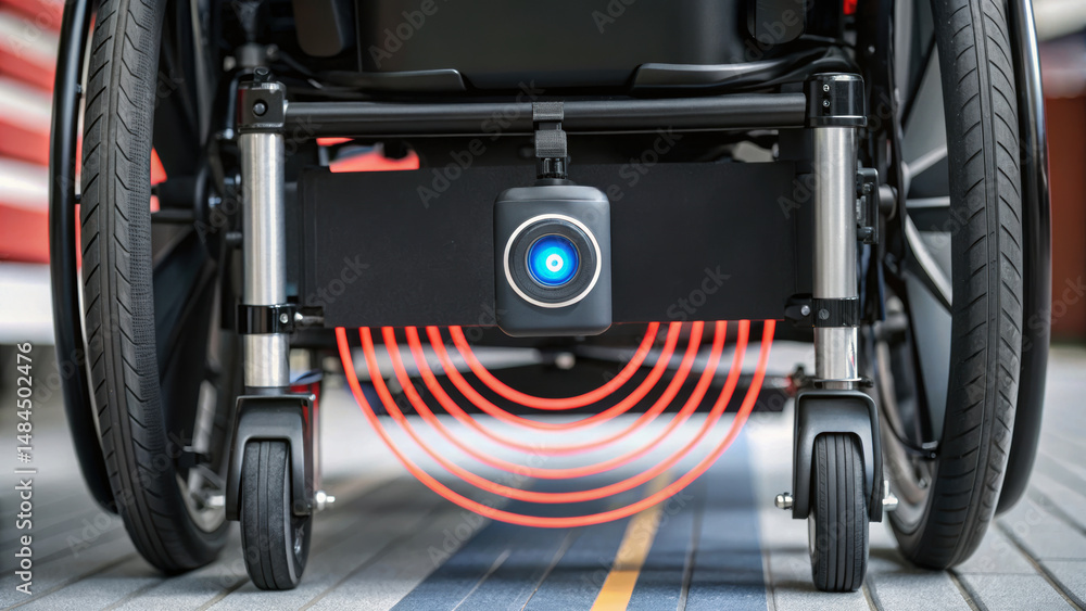 Poster futuristic sensor technology on wheelchair enhances safety with advanced detection and smart navigat