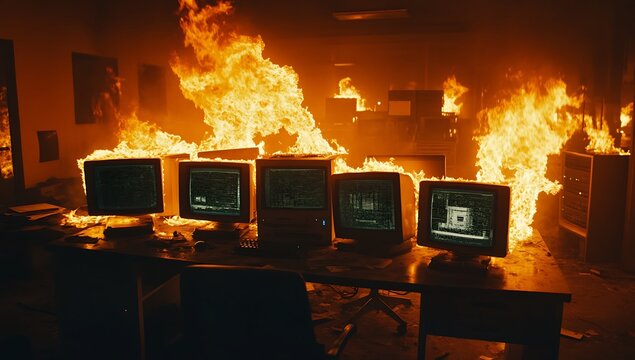 A burning office scene depicting computer terminals engulfed in flames and intense heat - Powered by Adobe