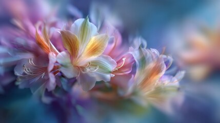 Dreamy Soft Focus Abstract Flowers in Pink Purple and Orange Hues with Blue Background, Representing Natural Beauty Artistic Expression and Tranquility : Generative AI