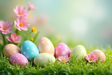 Pastel-colored Easter eggs nestled in spring flowers and green grass A cheerful springtime background , tulip, design