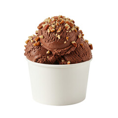 Creamy chocolate ice cream topped with nuts in a white cup against a plain background