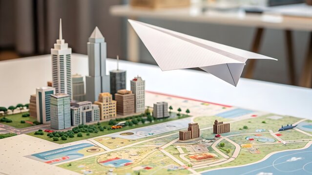 Symbolic image of a paper airplane soaring above a miniature cityscape, representing the ascent and expansion of startups. Ideal for entrepreneurial themes, business growth, and innovation narratives.