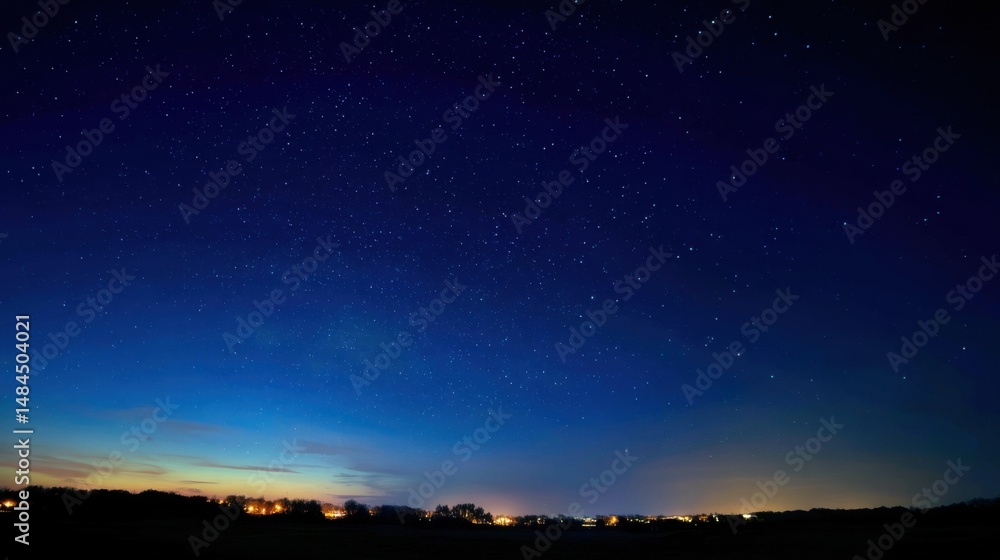 Aufkleber deep blue starry night sky over horizon with silhouette trees and distant city lights, capturing cos