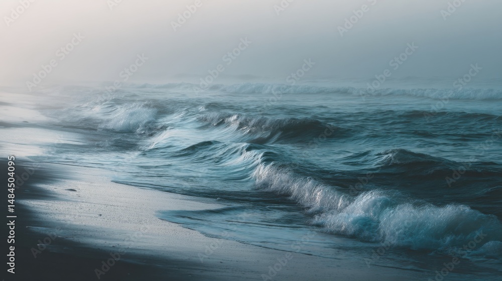 Poster ocean wave crashing on shoreline under foggy sky at dawn, representing serenity and coastal getaway 