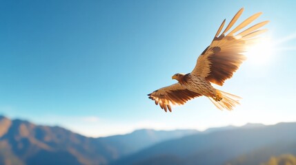 Obraz premium Majestic eagle soaring with outstretched wings against a bright blue sky and mountain range