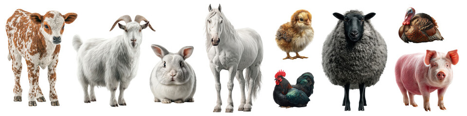 Fototapeta premium Group of livestock animals in veterinary advertisement concept. Farm animals illustrated in various styles and poses