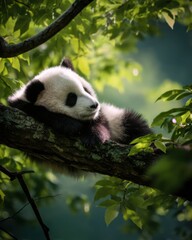 Obraz premium Giant Panda Lounging on a Branch in Lush Green Forest, Symbolizing Conservation and Wildlife Preservation for Ecotourism Campaigns : Generative AI