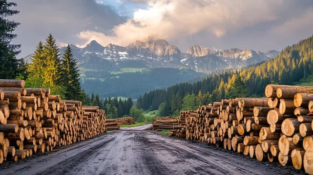 Scenic view of a lumber road flanked by stacked logs with mountains and trees in the background