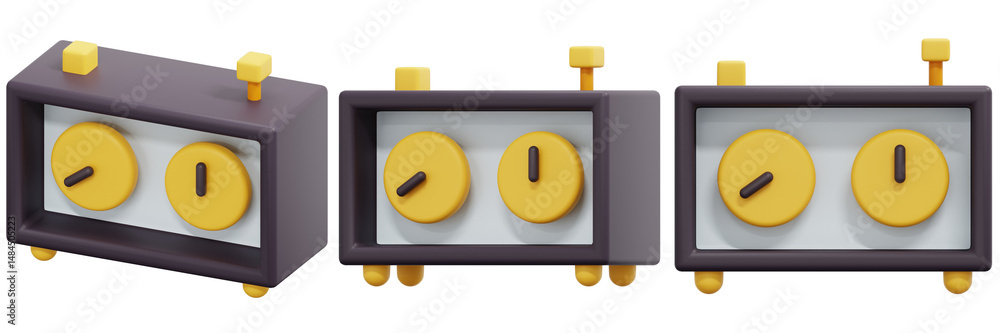 Poster set of 3d rendered isometric dual timers with yellow and gray design 3d render icon illustration