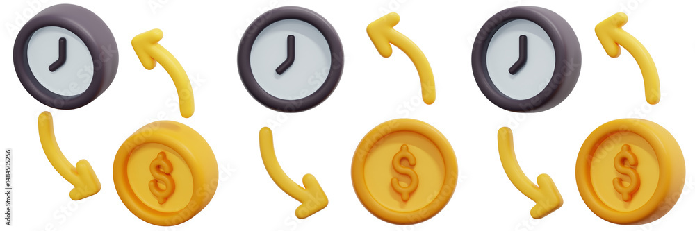 Poster set of clock and coin icons with arrows showing time and money exchange 3d render icon illustration