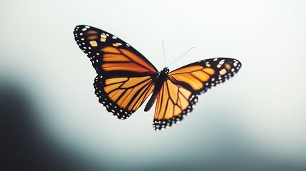 Fototapeta premium Monarch butterfly in flight sharp details of the wings as it moves a perfect balance of motion and clarity against a clean white space overlay cut out on isolated transparent removed background
